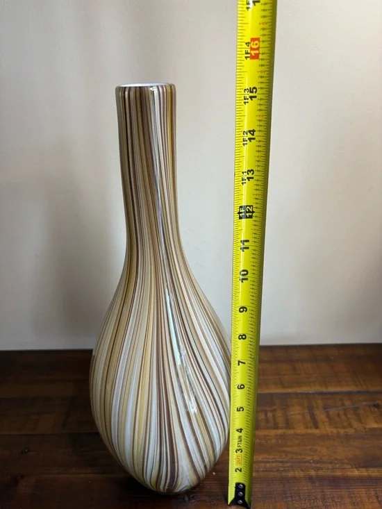 Murano-Style Art Glass Vase Brown And Beige Stripe - Picture 6 of 7